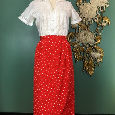 1980s wrap skirt, vintage 80s skirt, red and white, polka dot skirt, size medium, high waist skirt, 28 waist, liz claiborne, straight skirt 