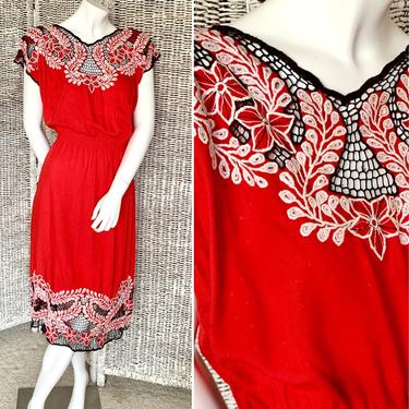 Bold Floral Embroidered Dress, Cut-Out Lace, Hippie Boho, Vintage 70s 80s 