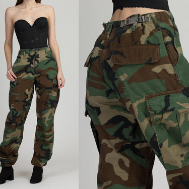 Vintage High Waist Camo Cargo Pants - 27&amp;quot;-31&amp;quot; Men's Small, Women's Medium | 80s Long Inseam Unisex Military Camouflage Army Field Trousers 