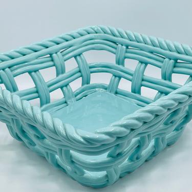Vintage Turquoise Lattice Square Open Weave Bread Basket or Fruit Bowl Pottery 9.5&amp;quot; Oven to Table - Tabletops Gallery 
