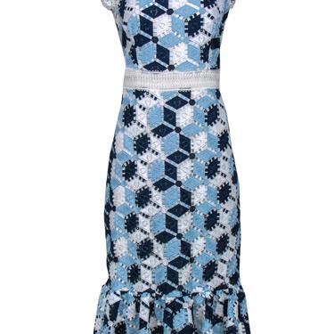 Shoshanna - Blue &amp; White Embroidered Cap Sleeve Midi Dress w/ Flounce Hem Sz 10