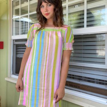 1960s Vertical Striped Pastel Mini Dress with Puff Sleeves 