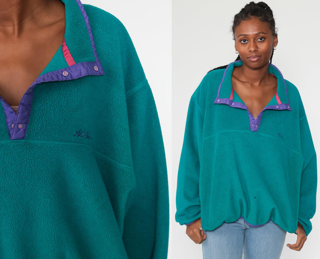 LL BEAN Vtg Snap T Fleece Pullover Sweater Jacket Cursive