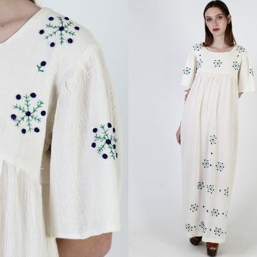 Vintage 70s India Gauze Dress Tiny Embroidered Ivory Cotton Gauze Lounge Maxi Dress 