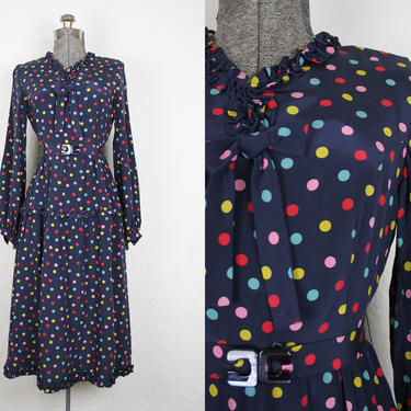 1970's Navy Polka Dot Rayon Dress / Size Medium 
