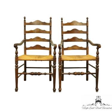 Set of 2 ETHAN ALLEN Antiqued Pine Old Tavern Ladder Back Dining Arm Chairs w. Rush Seats 12-6002 