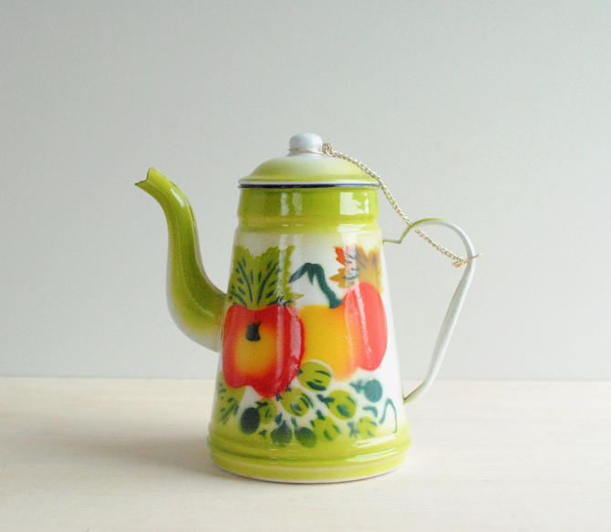 Retro Vintage COPCO Pear Green Red Fruit Shaped Enameled Metal Teapot Kettle