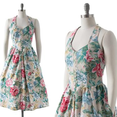Vintage 1980s Sundress | 1950s Style Rose Floral Print Cotton Halter Smocked Fit and Flare Midi Day Dress with Pocket (medium/large) 