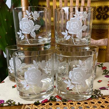 Vintage Set of 7 60s/70s Culver Style Rose Print and 24k Lowball Glasses 
