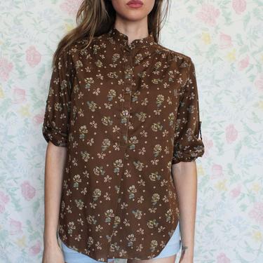 Vintage 1970s Sears Blouse, Half Placket Union Made Brown Floral Shirt, Size Small 