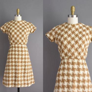 vintage 60s dress | Houndstooth Honey & Ivory Print Winter Wool Wiggle Dress | XS Small | 1960s vintage dress 