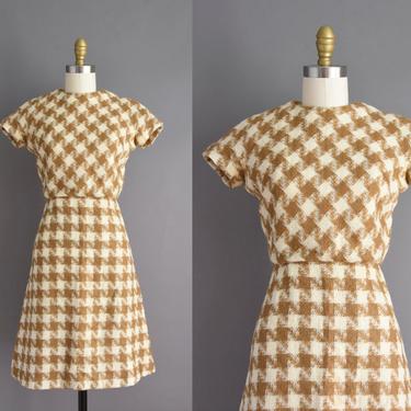 vintage 60s dress | Houndstooth Honey &amp; Ivory Print Winter Wool Wiggle Dress | XS Small | 1960s vintage dress 