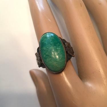 Vintage Sterling Silver Southwest Bird Green Cabochon Ring 