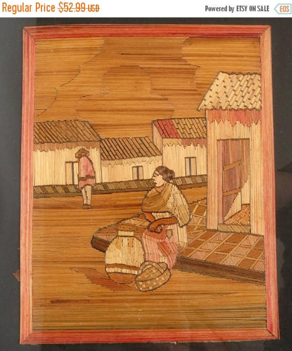 ON SALE Vintage Mexican Folk Art Popotillo Straw Painting Owl in an