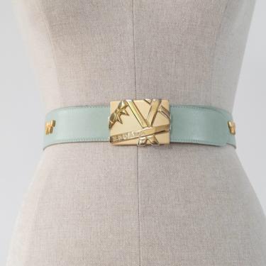 Vintage Escada Baby Blue Leather Belt w/ Gold Bow Rivets &amp; Square Logo Buckle | Made in Italy | Size 32/34 | 1990s 2000s Designer Chic Belt 