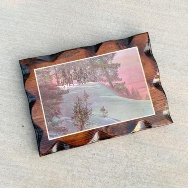 Vintage Native American Indian Western Scene Wood Lacquered Plaque 