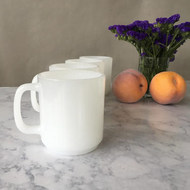 Vintage Glasbake Mugs, set of 4 white glass coffee mug, milkglass mugs | solid white mugs, microwave safe, made in usa, white glass cups 
