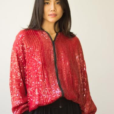 1980s Red Sequined Silk Track Jacket 
