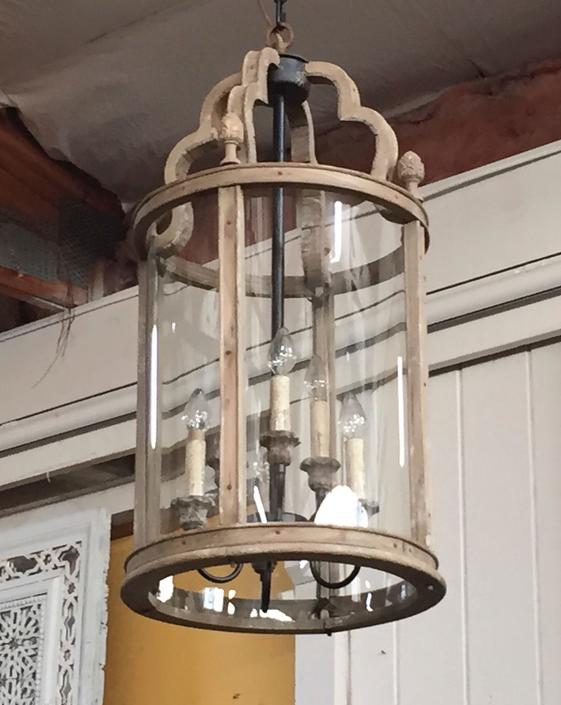 Wood & Curved Glass Chandelier/Lantern 6 Lights from Baileywyck