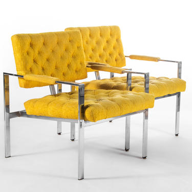 Pair of Tagged Milo Baughman for Thayer Coggin Chrome Lounge Chairs in Tufted Canary 