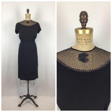 Vintage 50s dress | Vintage black crepe cocktail  dress | 1950s Rhinestone party dress 