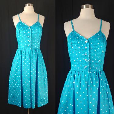 Vintage Seventies XS Blue Polka Dot Polished Cotton Spaghetti Strap Sun Dress - 60s Altogether Fashion Blue Half Button Fit and Flare Dress 