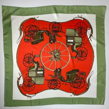 Victorian Horse Carriages Scarf - Vintage Buggies - Tomato Red &amp; Green - Silk or Silk Blend - 34 x 34 Inches 