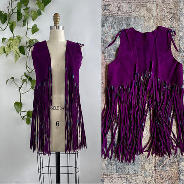 PURPLE HAZE Vintage 60s Fringe Suede Vest, 1960s Woodstock Fringe Beaded Leather Top, 70s 1970s Psychedelic Funk Hippie Boho GoGo | Sz Small 