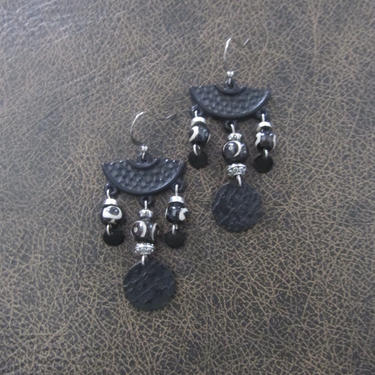 Black earrings, tribal chandelier earrings, mid century modern earrings, unique matte black earrings, hammered metal, primitive exotic 