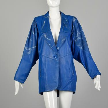 1980s Oversized Leather Jacket Blue Batwing Sleeves Abstract Metallic Silver Paint Dropped Lapels 
