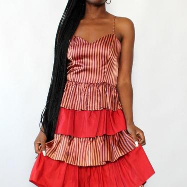 Cherry Stripe Tiered Satin Dress M/L