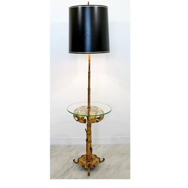 Modern Hollywood Regency Brass & Glass Floor Lamp Table Arthur Court Style 