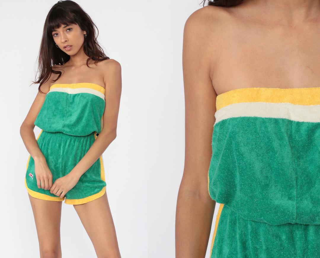 Terry Cloth Romper Playsuit Strapless 70s Romper Shorts Summer