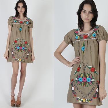 Tan Cotton Mexican Dress / Vintage 70s Traditional Puebla Dress / Khaki Summer Fiesta Embroidered Dress / Puff Sleeve Short Mini Dress 