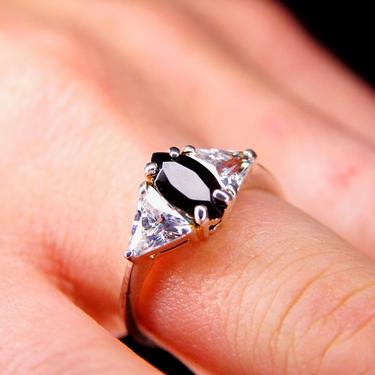 Vintage Sterling Silver Marquise Simulated Black Diamond & Accent Trillion CZ Diamond Engagement Ring, Made In China, Size 9 1/4 US 