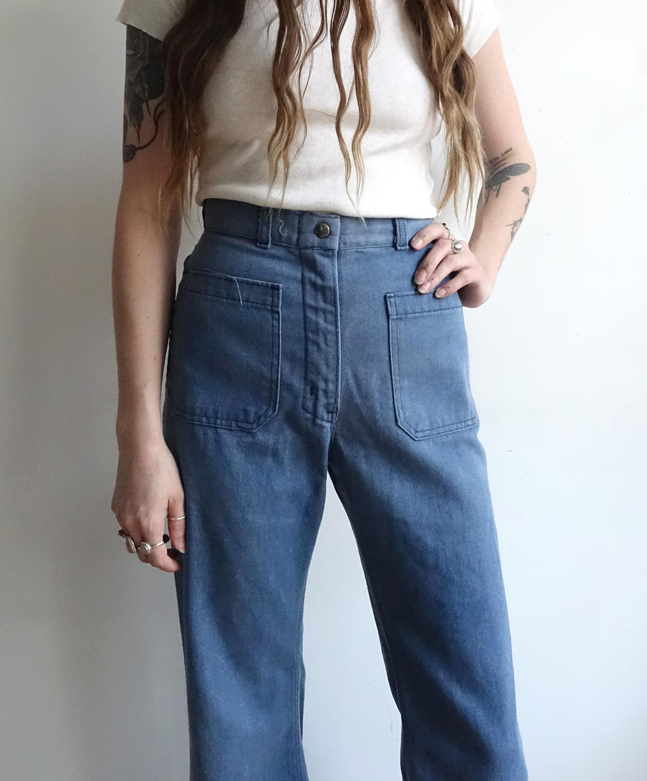 Vintage 70s Light Wash Seafarer Sailor Pants/ 1970s High Waisted