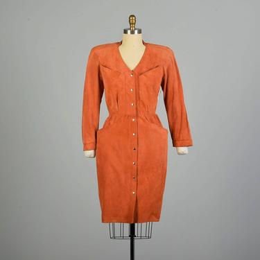 LG 1980s Thierry Mugler Orange Suede Dress Snap Front Leather Hourglass Sexy Fitted Knee Length Dress 