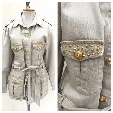 Vintage VTG 1980s 80s Beige Bejeweled Gold Studded Cinched Jacket 