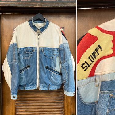 Vintage 1980’s “No Jeans” Cartoon Denim Patchwork Hip Hop New Wave Jacket, 80’s Jean Jacket, Vintage Oversize Fit, Vintage Clothing 