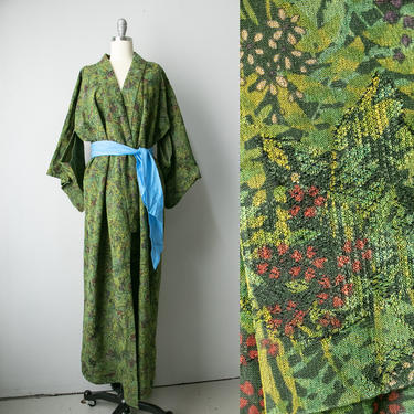 1970s Kimono Japanese Robe Green Rayon 