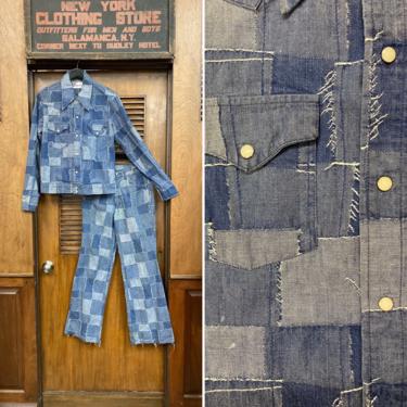 Vintage 1970’s Superfly Patchwork Denim Two-Piece Shirt & Jeans Outfit, Vintage Pant Suit, 1970s Patchwork, Vintage Denim, Vintage Two Piece 