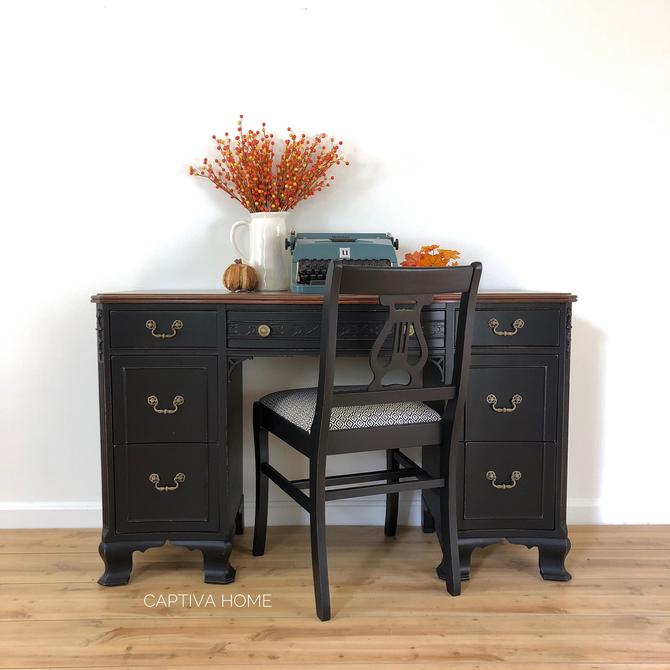 Vintage Wood Black Distressed Desk Vanity Set Gold Hardware Refinished Furniture Solid Mahogany Top Pretty Details Chair By Captivahomedecor From Captiva Home Decor Of Berlin Ma Attic