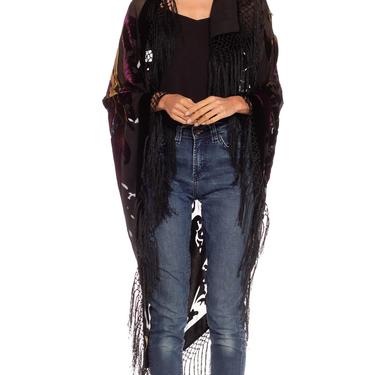 1970S Square Floral Burnout Velvet Scarf With Fringe 