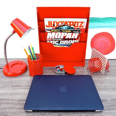 5-Piece Industrial Red Metal Desk Set |Color Pop Organizer Office Accessories Modern Mid-Century File Rack Spiral Holder Pen Caddy Task Lamp 