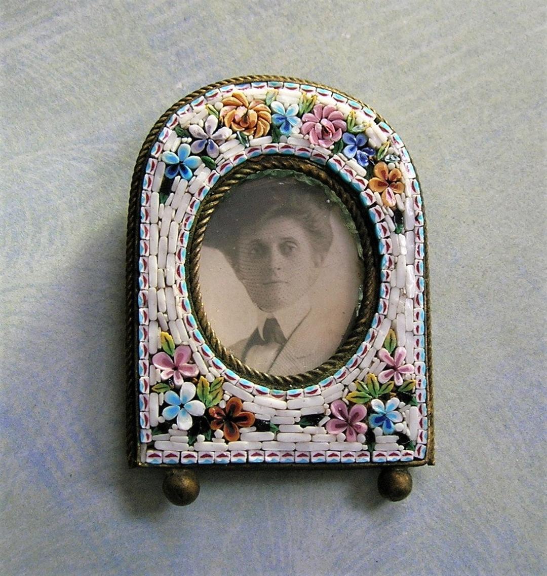 Vintage Brass Miniature Picture Frame w/ popular Mosaic and Amber Jewels