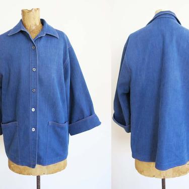 Vintage 70s Denim Chore Coat M L - 1970s Dark Blue Chore Jacket Wide Cut Sleeves - Brushed Cotton Blue Jean Jacket 