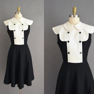 1960s vintage dress | Adorable Black &amp; White Scallop Full Skirt Holiday Party Dress | Medium | 60s dress 