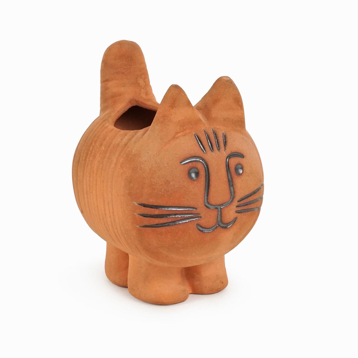 Lisa Larson Style Ceramic Cat Planter Orange Terracotta | Vintage