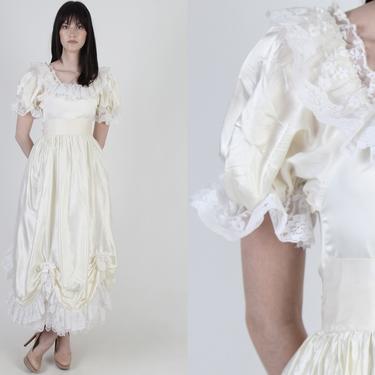19th Century Style Maxi Dress / Vintage 80s Western Saloon Dress / 1980s Romantic Wedding Dress / Ivory Satin Saloon Fairytale Gown 