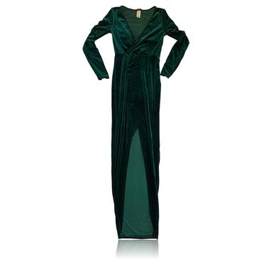 90s Dark Green Velvet Maxi Dress // Sexy Center Leg Slit //  JLuxlabel // Size Small 